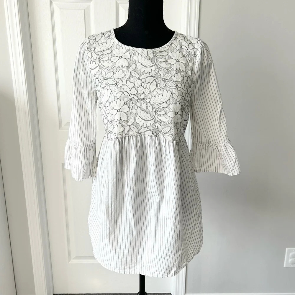 Isabel Maternity Floral Embroidery Pinstripes Bell  Sleeves Top